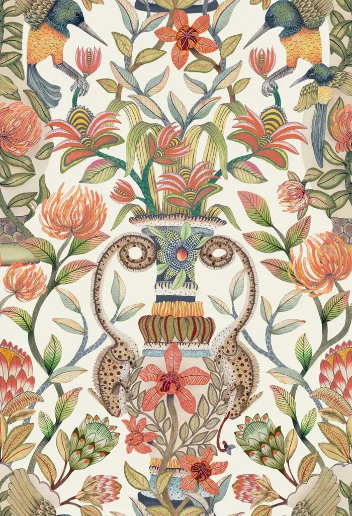 Protea Garden, Olive Green & Tangerine on White - Cole & Son