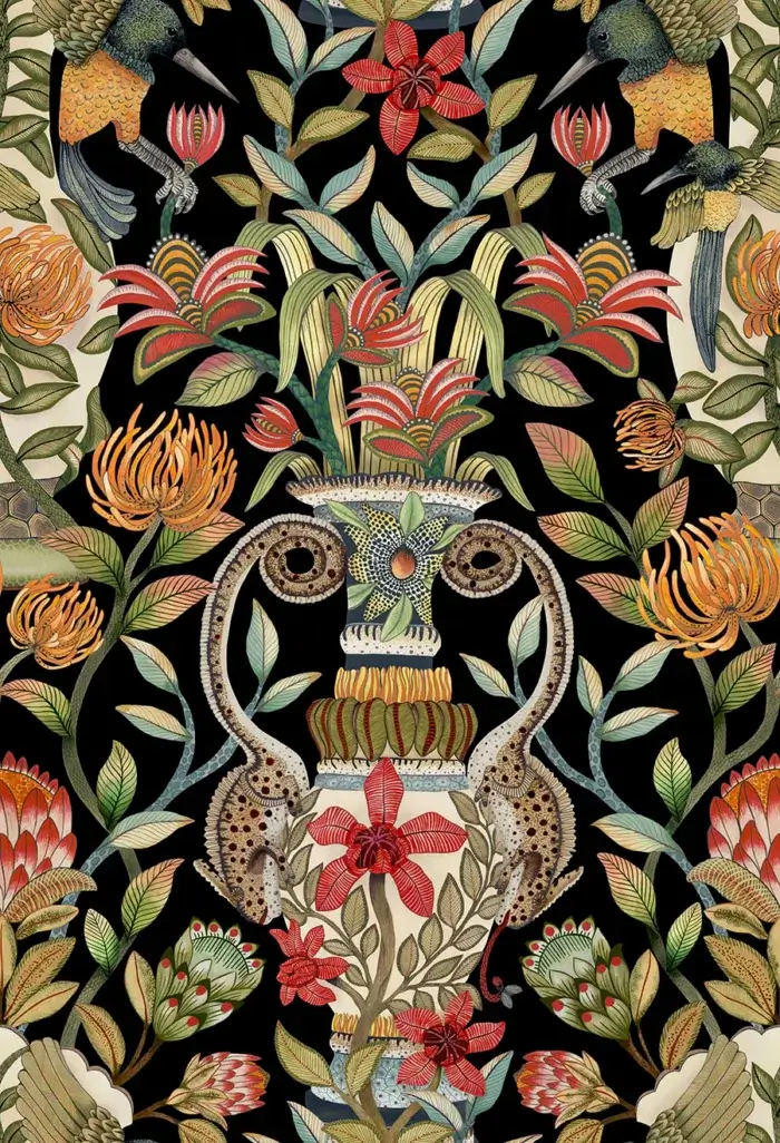 Protea Garden, Olive & Rouge on Black - Cole & Son