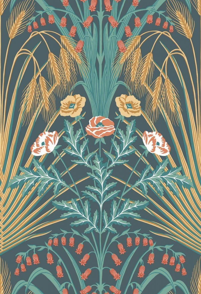Bluebell, Viridian, Metallic Gold & Coral on Dark Viridian - Cole & Son