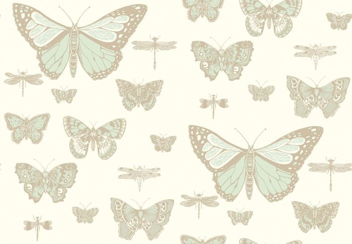 Butterflies & Dragonflies, Duck Egg & Metallic Gilver on Pale Cream - Cole & Son