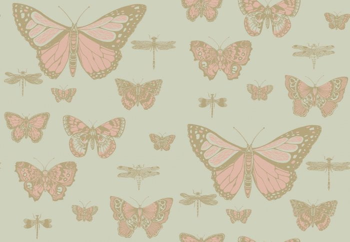 Butterflies & Dragonflies, Alabaster & Metallic Gold on Eau Du Nil - Cole & Son