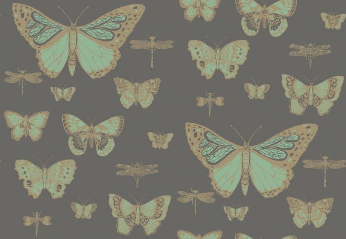 Butterflies & Dragonflies, Viridian & Metallic Gold on Charcoal - Cole & Son