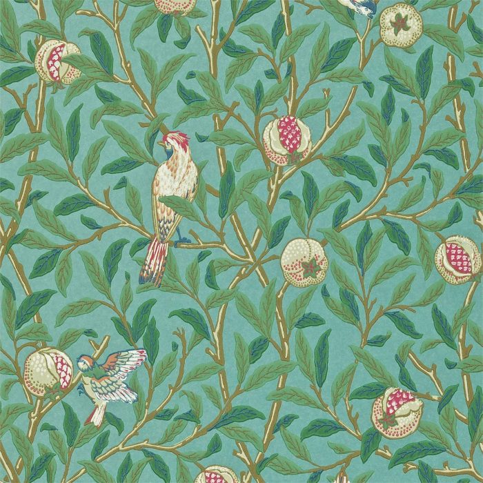 Bird & Pomegranate, Turquoise/Coral - Morris & Co